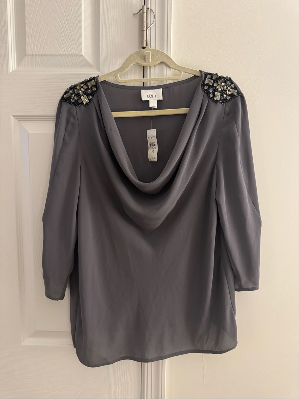 LOFT Gray Beaded-Shoulder Cowl Neck Blouse